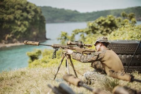 A Marine with the 15th Marine Expeditionary Unit fires a Mk22 Mod 0 in the Philippines, October 2024. (Cpl. Joseph Helms/Marine Corps)