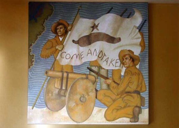 Gonzales Come and Take It Cannon mural in the museum at Gonzales, Texas, featuring a conjectured Come and Take It flag Public domain, via Wikimedia Commons 