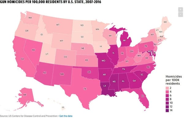 Gun Homicides Per 100,000 Residents by U.S. State, 2007-2016. 