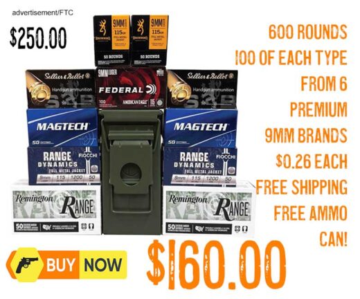 600 Round Bulk Sampler Pack of Assorted 9mm Ammo Brands +Ammo Can