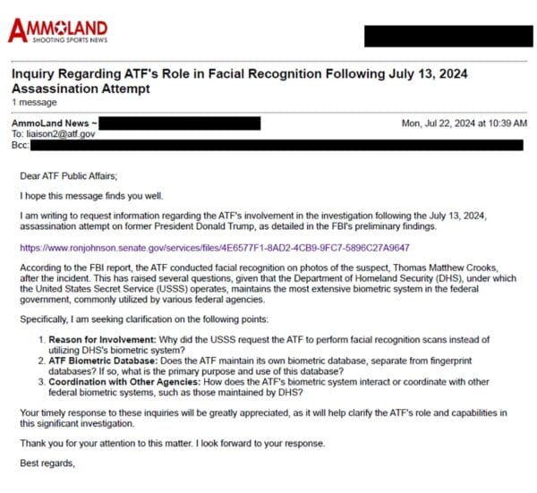 AmmoLand Inquiry Regarding ATF's Role in Facial Recognition Following July 13, 2024 Assassination Attempt